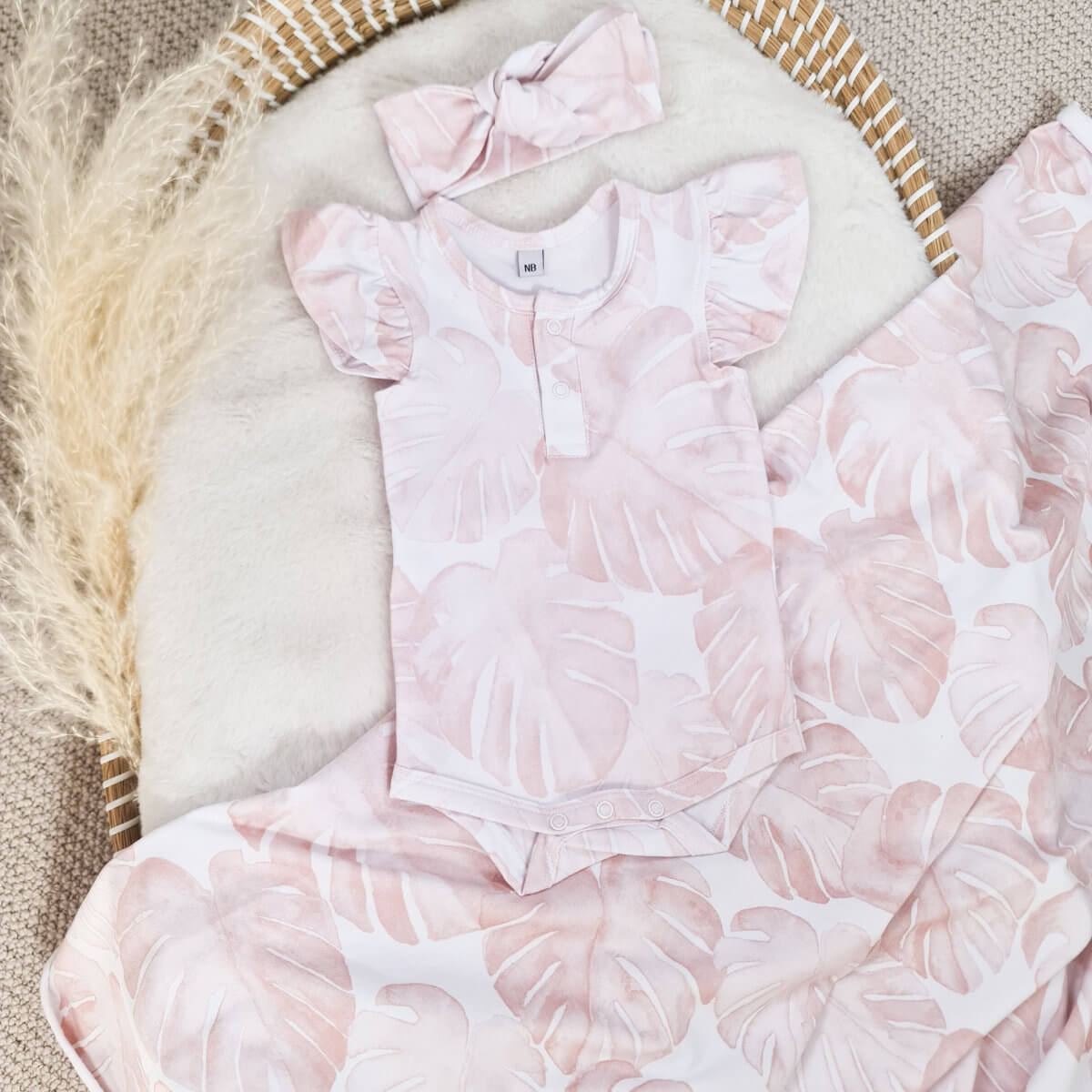 Baby Girl Short Frill Sleeve Bodysuit Cute Pink Floral Design Minky