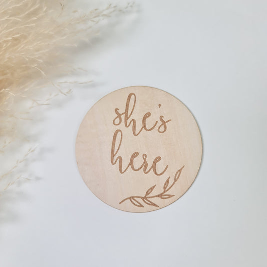 Wooden birth announment plaque - Shes here