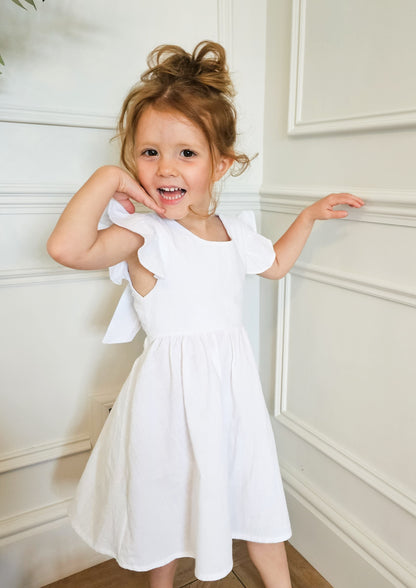 NEW - "Elsie" - White Open Back Frill Sleeve Dress