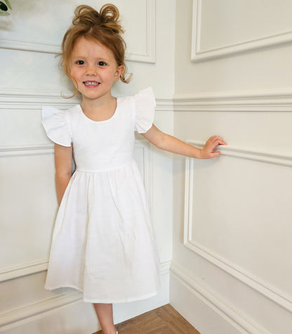 NEW - "Elsie" - White Open Back Frill Sleeve Dress