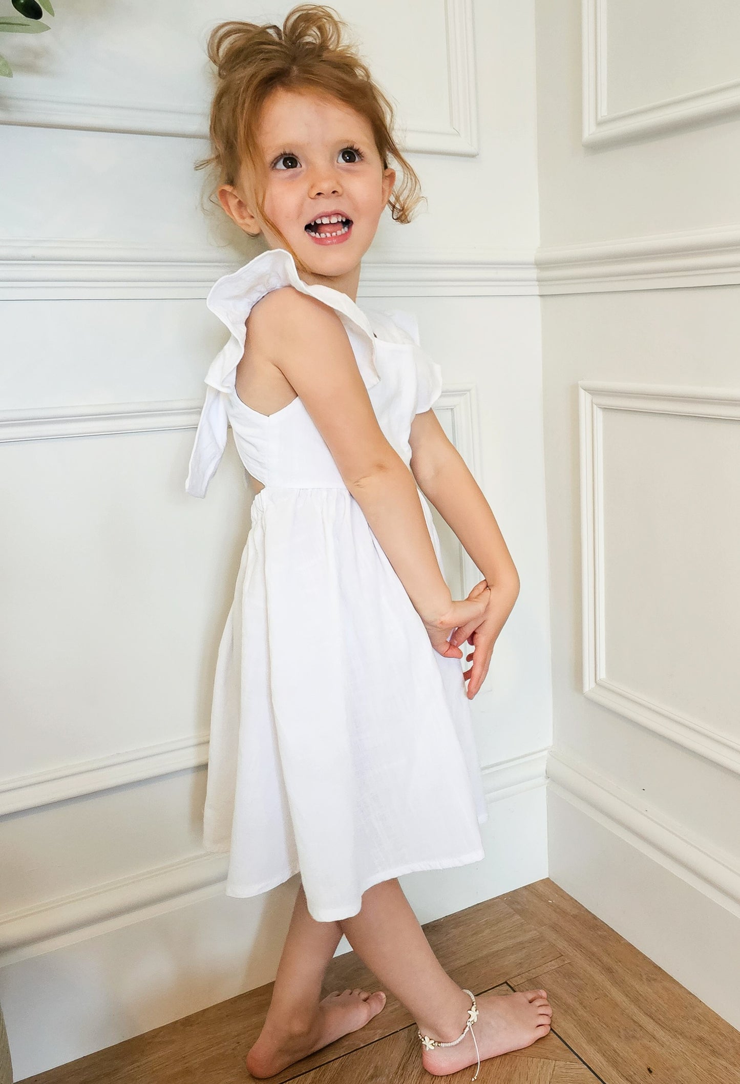 NEW - "Elsie" - White Open Back Frill Sleeve Dress