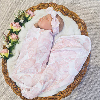 Pink palm blanket with headband - swaddle set