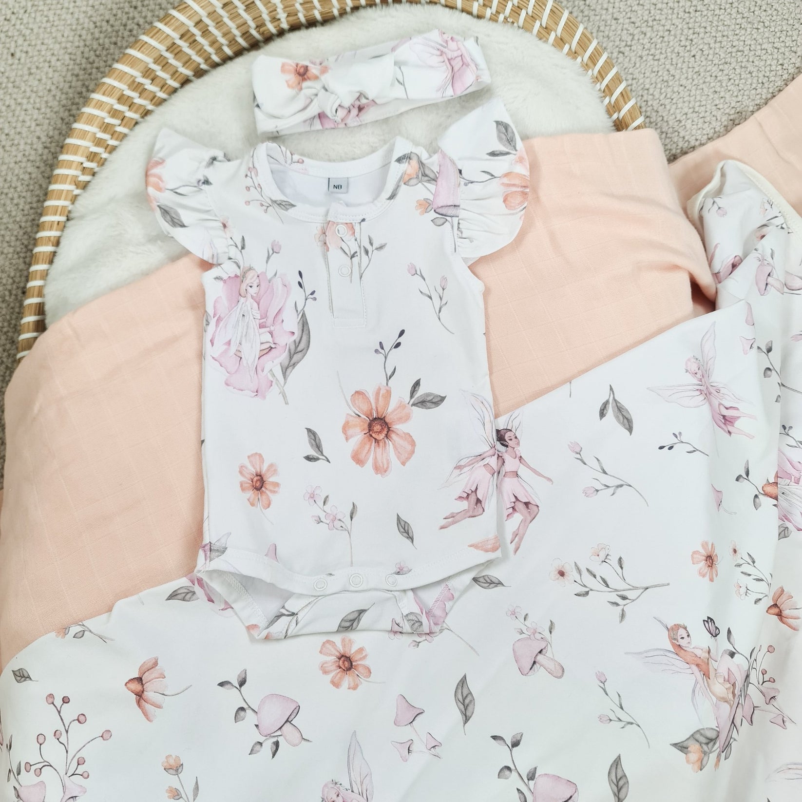 Baby Girl Short Sleeve Bodysuit Cute Floral And Fairy Design Minky
