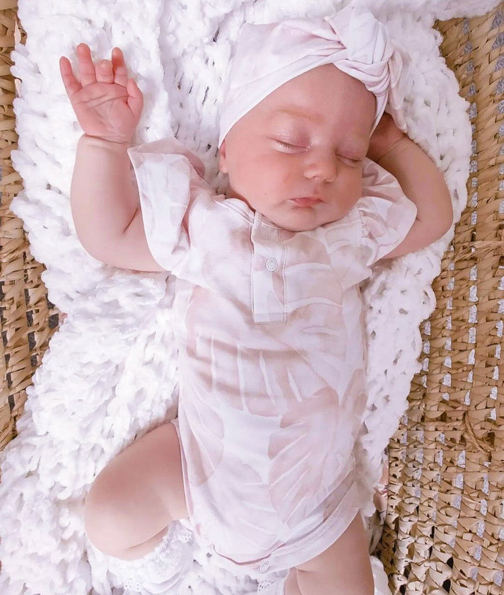 Baby Girl Short Frill Sleeve Bodysuit Cute Pink Floral Design Minky