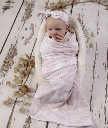 Pink palm blanket with headband - swaddle set