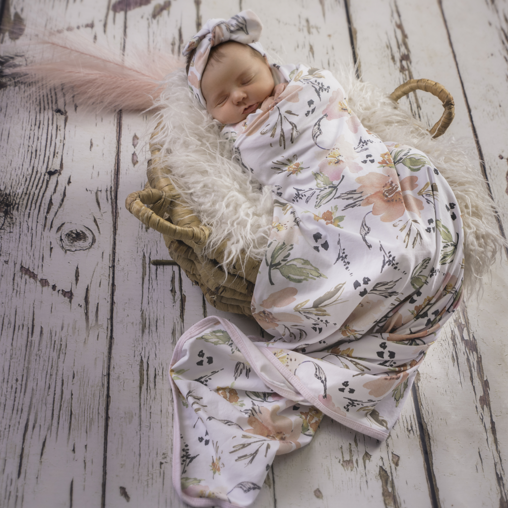 Newborn Baby Girl Swaddle Wrap Set With Bow. Floral Receiving