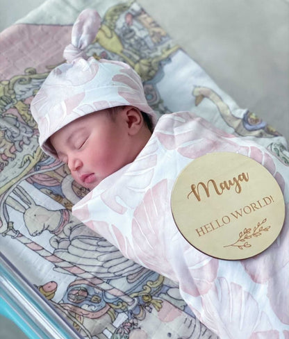 Pink palm blanket with headband - swaddle set